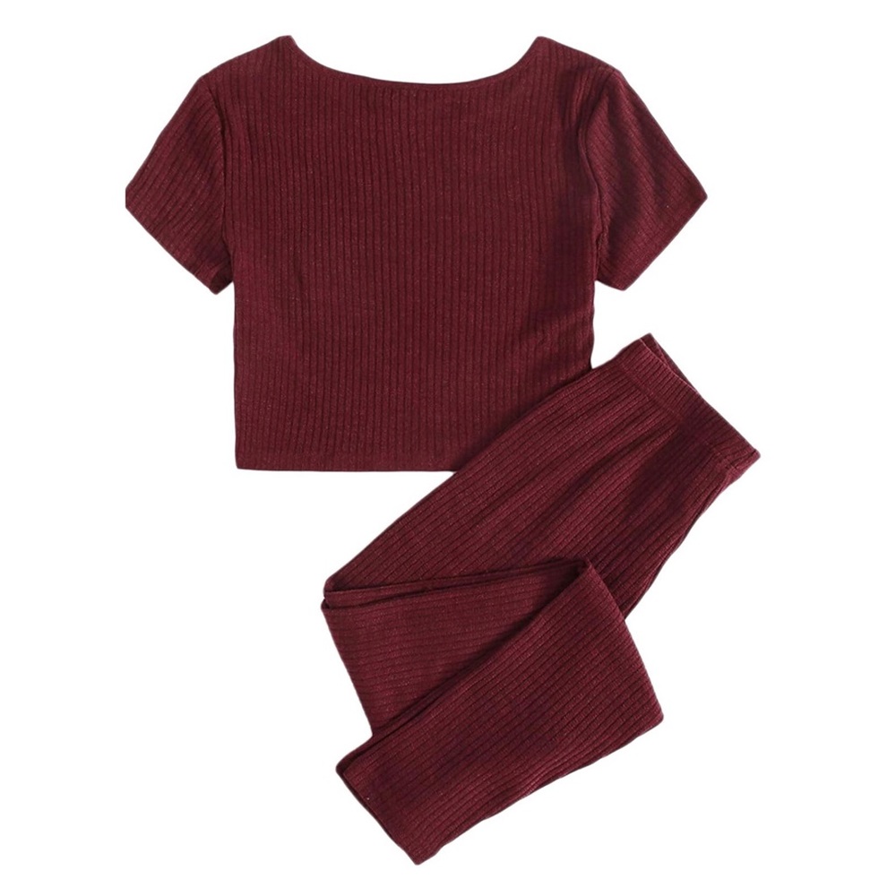 2 Piece Ribbed Short Sleeve Top and Pants Set - Picture 2 of 4